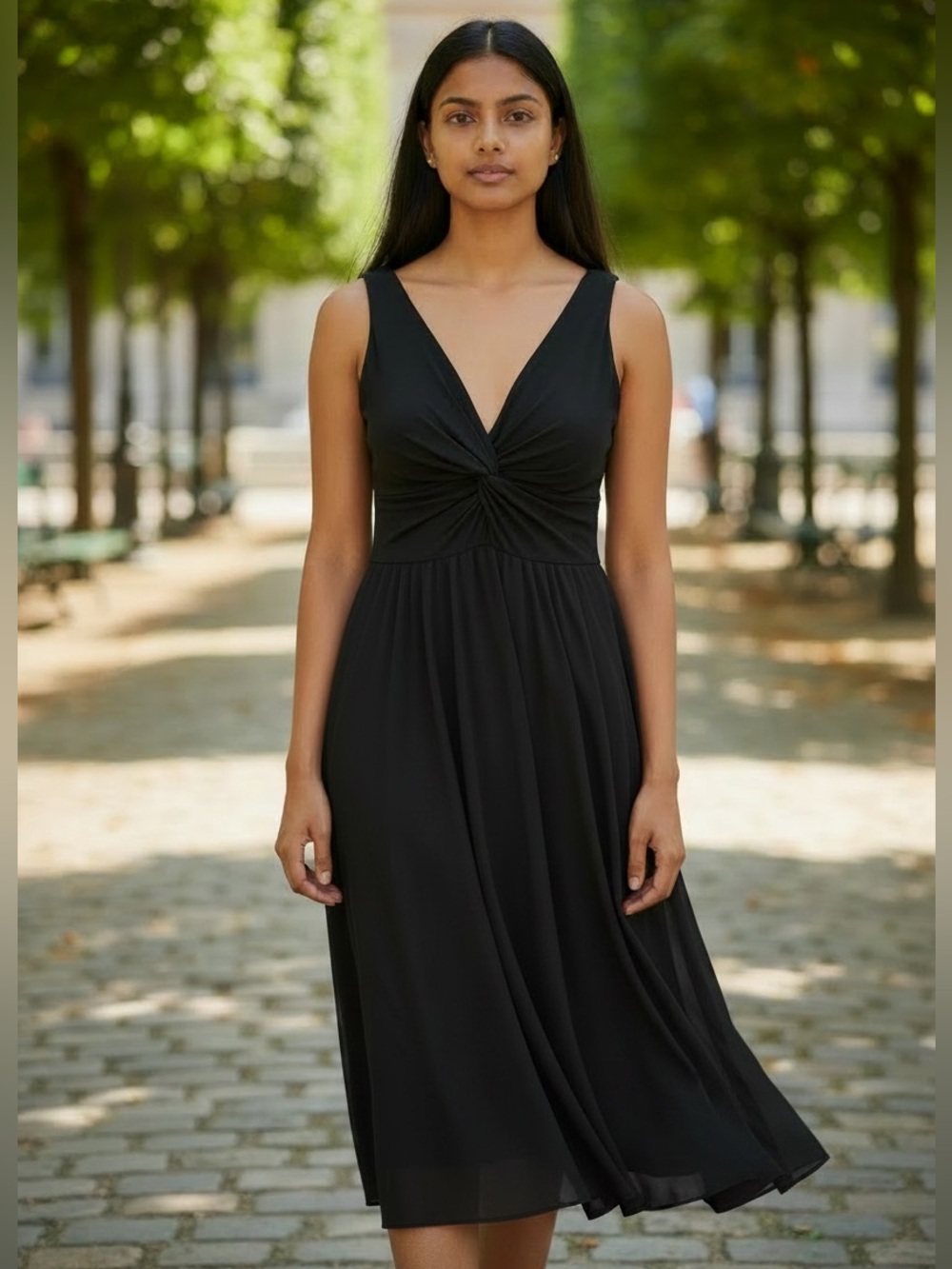 Vintage 90s Twisted Knot V Neck Sleeveless Pleated Jersey Midi Dress Black L